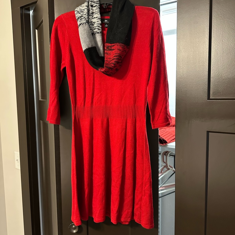 Red Knit Dress with Black and White Scarf